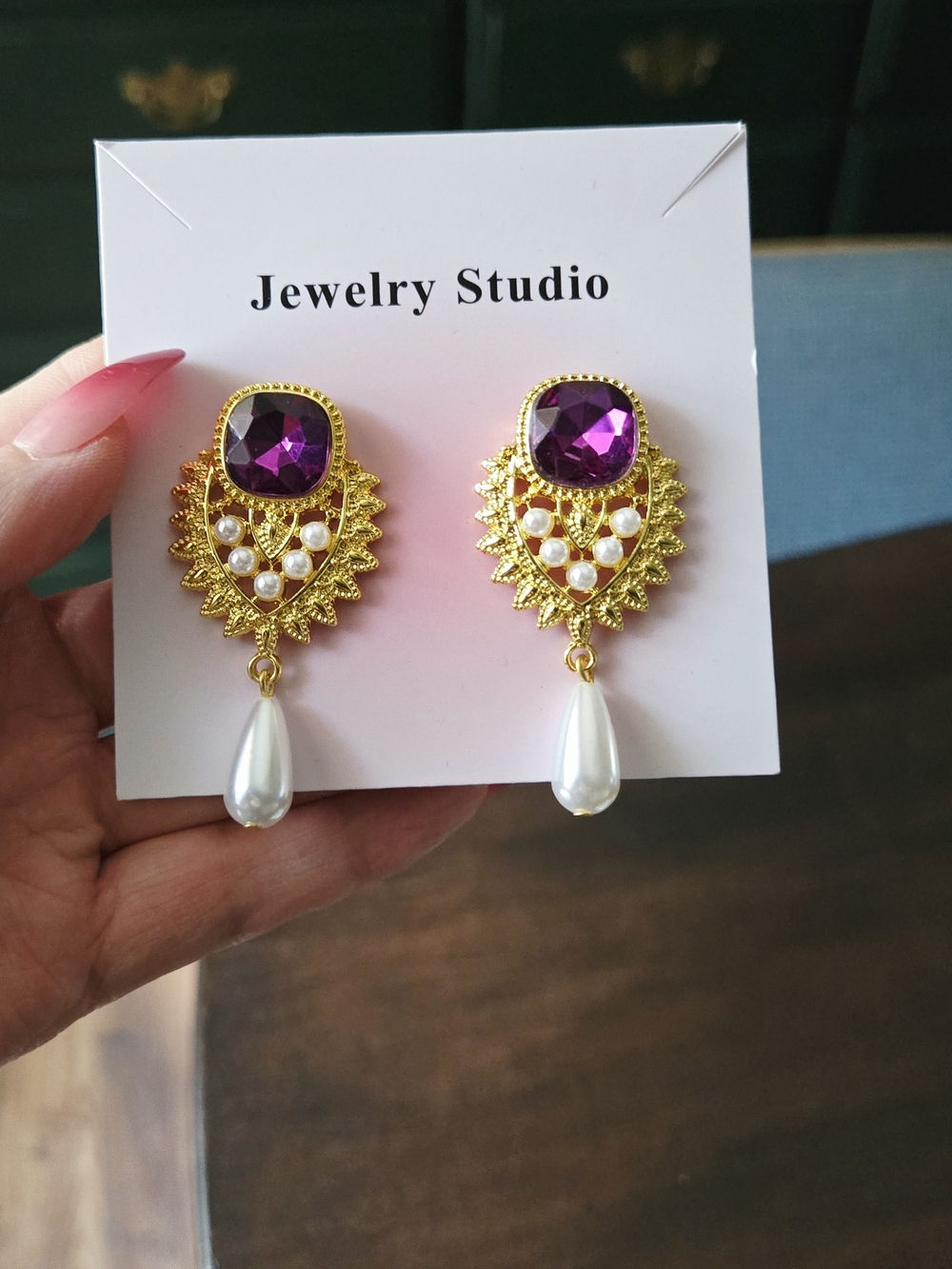 Gold Tone Purple Fuax Gem and Pearl Drop Earrings